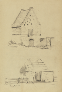 809955 Boven: gezicht op een schuur met een duivenzolder in de omgeving van Bunnik.Onder: gezicht op een schuurtje met ...